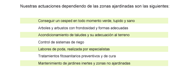 Nuestras actuaciones dependiendo de las zonas ajardinadas son las siguientes:  - Conseguir un cesped en todo momento verde, tupido y sano - Arboles y arbustos con frondosidad y formas adecuadas - Acondicionamiento de taludes y su adecuación al terreno - Control de sistemas de riego - Labores de poda, realizada por especialistas - Tratamientos fitosanitarios preventivos y de cura - Mantenimiento de jardines inertes y zonas no ajardinadasNuestras actuaciones dependiendo de las zonas ajardinadas son las siguientes:  - Conseguir un cesped en todo momento verde, tupido y sano - Arboles y arbustos con frondosidad y formas adecuadas - Acondicionamiento de taludes y su adecuación al terreno - Control de sistemas de riego - Labores de poda, realizada por especialistas - Tratamientos fitosanitarios preventivos y de cura - Mantenimiento de jardines inertes y zonas no ajardinadas